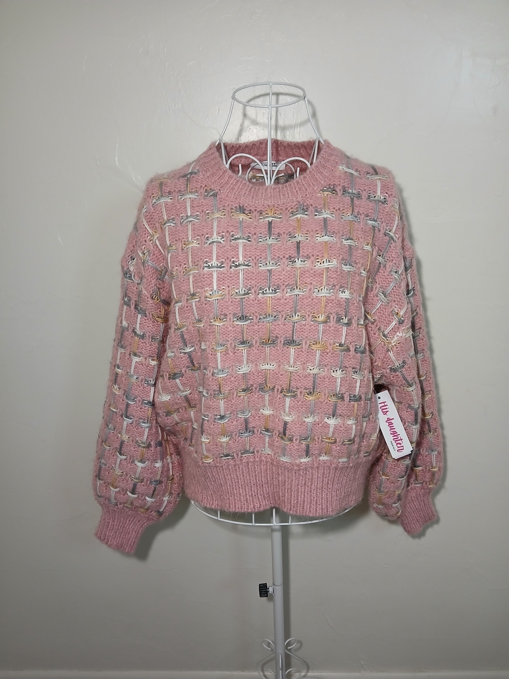 Ensemble Women's Pink Pullover Knit Crewneck Tie with Ribbon Sweater S NWT